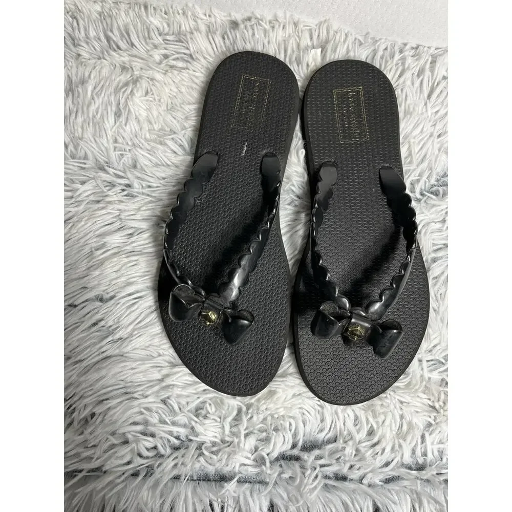 Kate Spade Denise Flip Flop Women's US 8 Gold Charm Bow Shoes Black